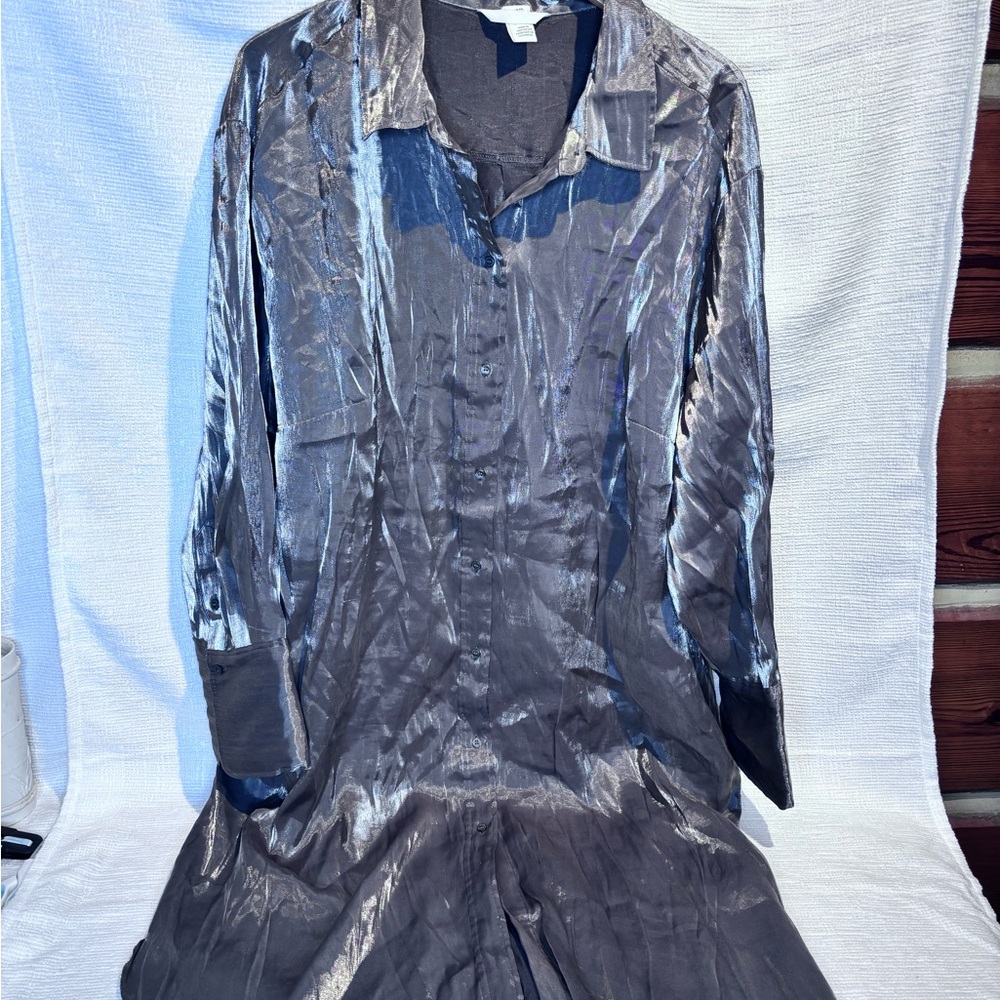 H&M Shiny Charcoal Silk-Look Button-Up Shirt Dress